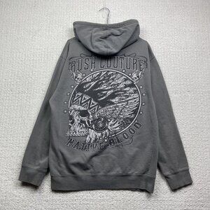 Y2K Rush Couture Grey Hoodie Sz M Goth Skull / Native Blood American USA MADE **